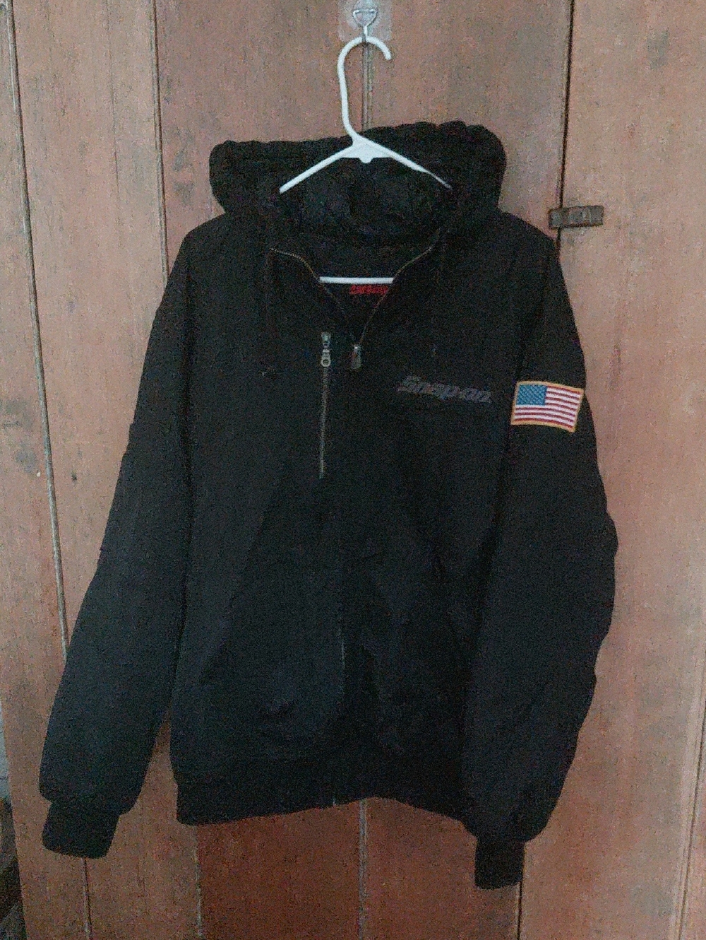 Snap On Black Hooded Quilted Jacket with Flag Patch On Sleeve XL